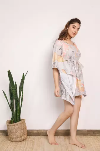 Brown and orange marble printed short kaftan