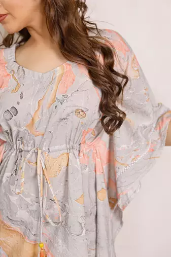 Brown and orange marble printed short kaftan