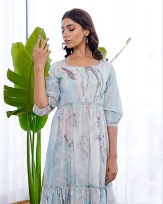 Marble printed sky blue and grey dress 4