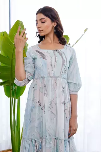 Marble printed sky blue and grey dress