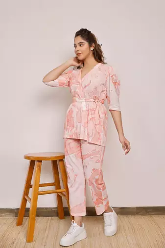 Tie up orange marble printed co-rd set