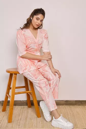 Tie up orange marble printed co-rd set
