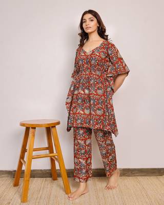 Maroon and blue floral short hand block printed kaftan co-ord set 1