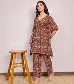 Maroon and blue floral short hand block printed kaftan co-ord set