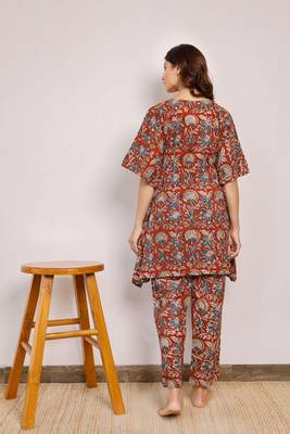 Maroon and blue floral short hand block printed kaftan co-ord set 2