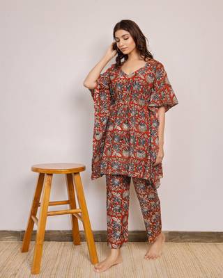 Maroon and blue floral short hand block printed kaftan co-ord set 3