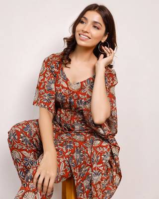 Maroon and blue floral short hand block printed kaftan co-ord set 5