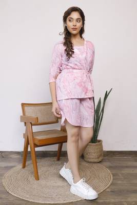 Pink marble printed tie up top with shorts 3