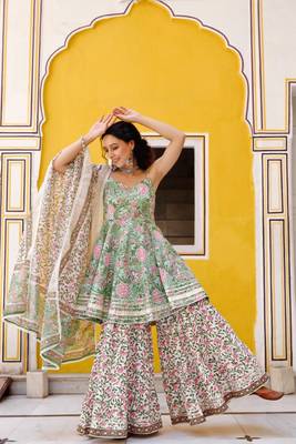 Green floral gota patti anarkali sharara set with dupatta 1