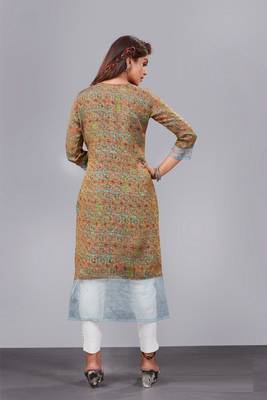 Women natural silk and tissue organza premium digital print with embroidery kurti 4