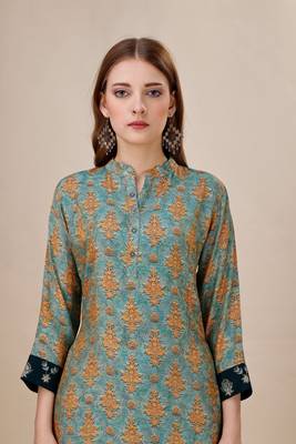 Women natural silk and tissue organza premium digital print with embroidery kurti 4