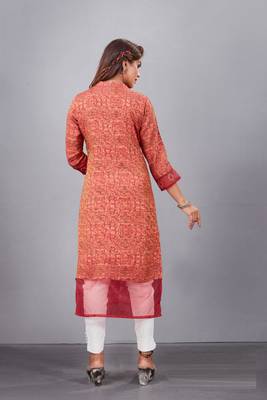 Women natural silk and tissue organza premium digital print with embroidery kurti 4