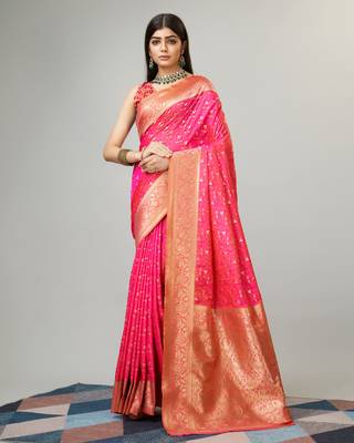 Pink Faux kanjivaram silk blend woven saree with zari border with blouse 1