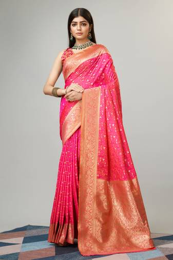 Pink Faux kanjivaram silk woven saree with zari border with blouse