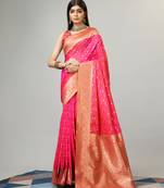 Pink Faux kanjivaram silk woven saree with zari border with blouse