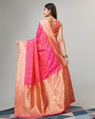 Pink Faux kanjivaram silk blend woven saree with zari border with blouse 2