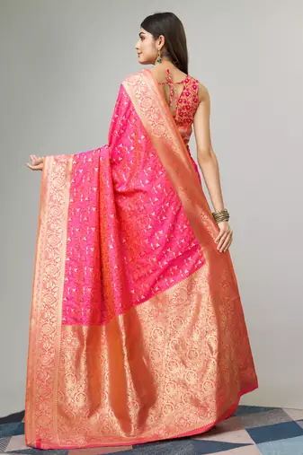 Pink Faux kanjivaram silk blend woven saree with zari border with blouse
