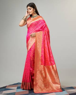 Pink Faux kanjivaram silk blend woven saree with zari border with blouse 3