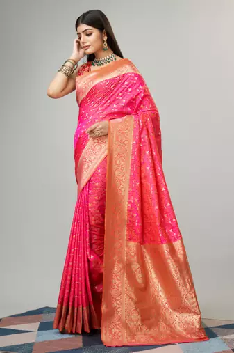Pink Faux kanjivaram silk blend woven saree with zari border with blouse