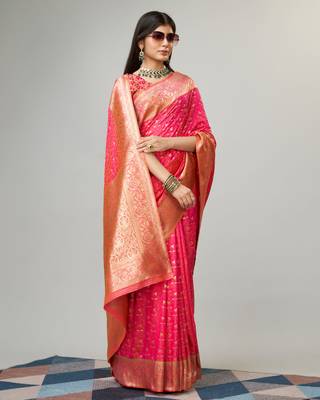 Pink Faux kanjivaram silk blend woven saree with zari border with blouse 4