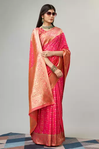 Pink Faux kanjivaram silk blend woven saree with zari border with blouse