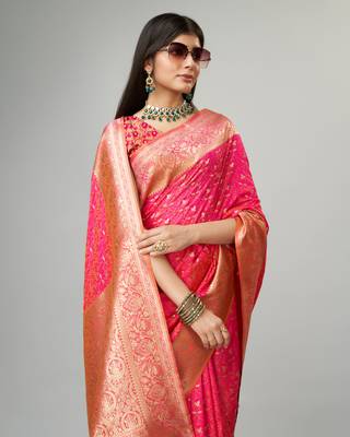 Pink Faux kanjivaram silk blend woven saree with zari border with blouse 5