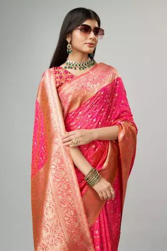 Pink Faux kanjivaram silk blend woven saree with zari border with blouse