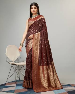 Brown kanjivaram silk blend woven saree with zari border with blouse 1