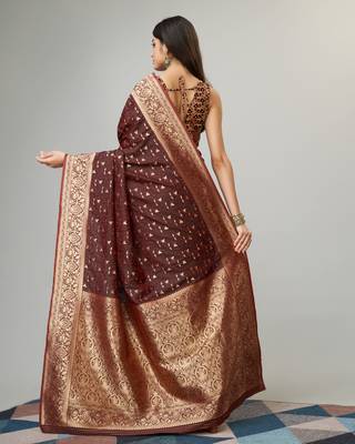 Brown kanjivaram silk blend woven saree with zari border with blouse 2