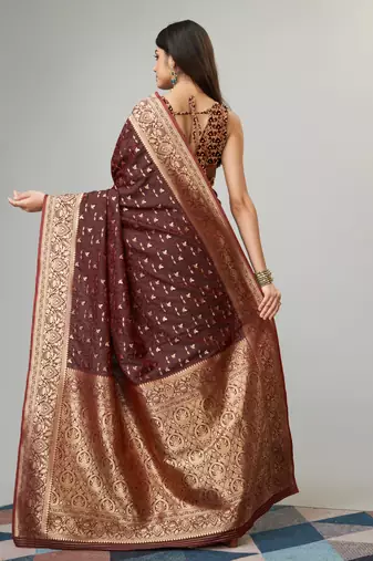 Brown kanjivaram silk blend woven saree with zari border with blouse