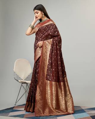 Brown kanjivaram silk blend woven saree with zari border with blouse 3