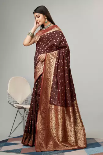 Brown kanjivaram silk blend woven saree with zari border with blouse