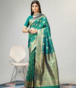 Rama green kanjivaram silk woven saree with zari border with blouse