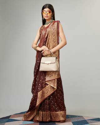 Brown kanjivaram silk blend woven saree with zari border with blouse 4