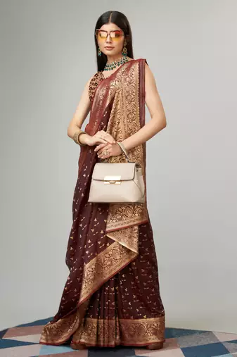 Brown kanjivaram silk blend woven saree with zari border with blouse