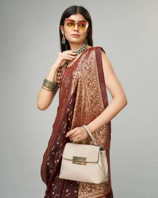 Brown kanjivaram silk blend woven saree with zari border with blouse 5