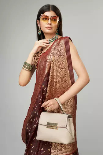 Brown kanjivaram silk blend woven saree with zari border with blouse