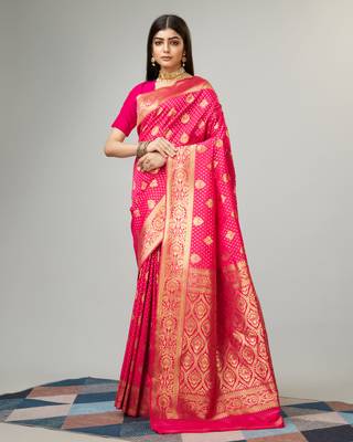 Rani pink Faux kanjivaram silk blend woven saree with zari border with blouse 1
