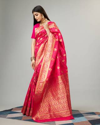 Rani pink Faux kanjivaram silk blend woven saree with zari border with blouse 3