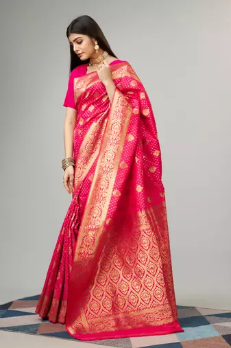 Rani pink Faux kanjivaram silk blend woven saree with zari border with blouse