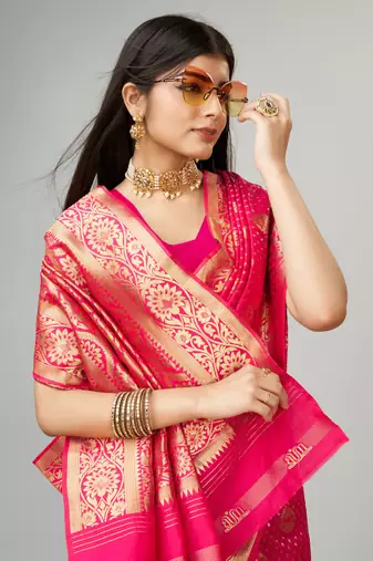 Rani pink Faux kanjivaram silk blend woven saree with zari border with blouse
