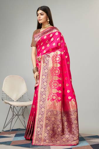 Pink Zari Woven Banarasi silk blend Saree With Blouse