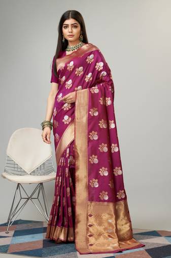 Magenta Faux kanjivaram silk woven saree with zari border with blouse