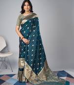 Dark blue Faux kanjivaram silk woven saree with zari border with blouse
