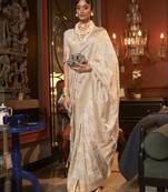 Cream Silk Blend Woven Banarsi Saree With Blouse For Women