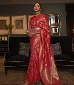 Red Silk Blend Woven Banarsi Saree With Blouse For Women