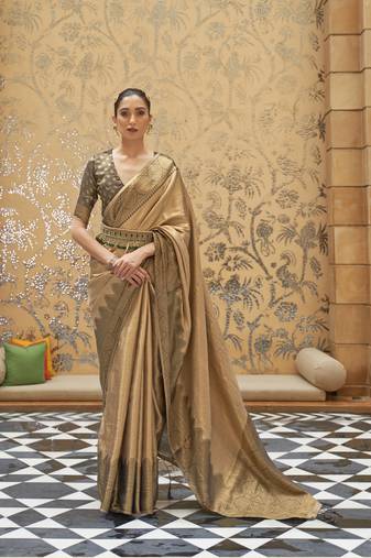 Brown Silk Blend Traditional Designer Woven Saree With Blouse For Women