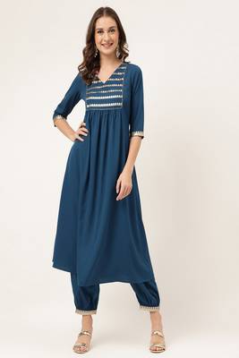 Teal Colour Ethnic Long Kurti For Traditinal Fancy Looks 1