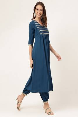 Teal Colour Ethnic Long Kurti For Traditinal Fancy Looks 5