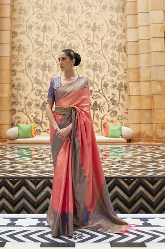 Pink Silk Blend Traditional Designer Woven Saree With Blouse For Women
